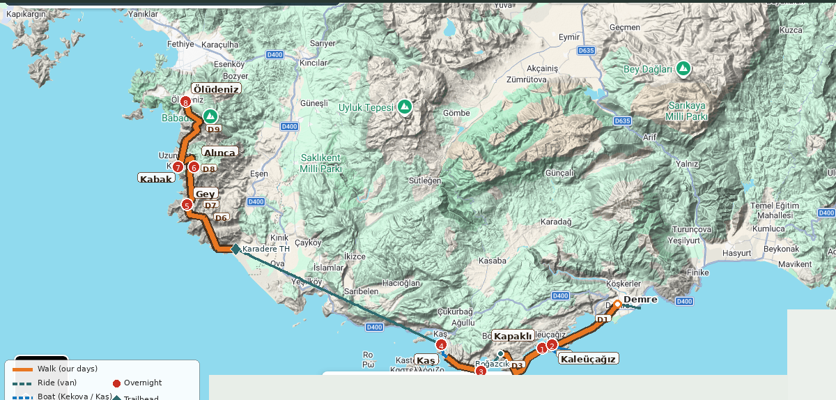 Our Lycian package days on Google terrain: orange walk, teal van, blue boat, numbered overnight stops